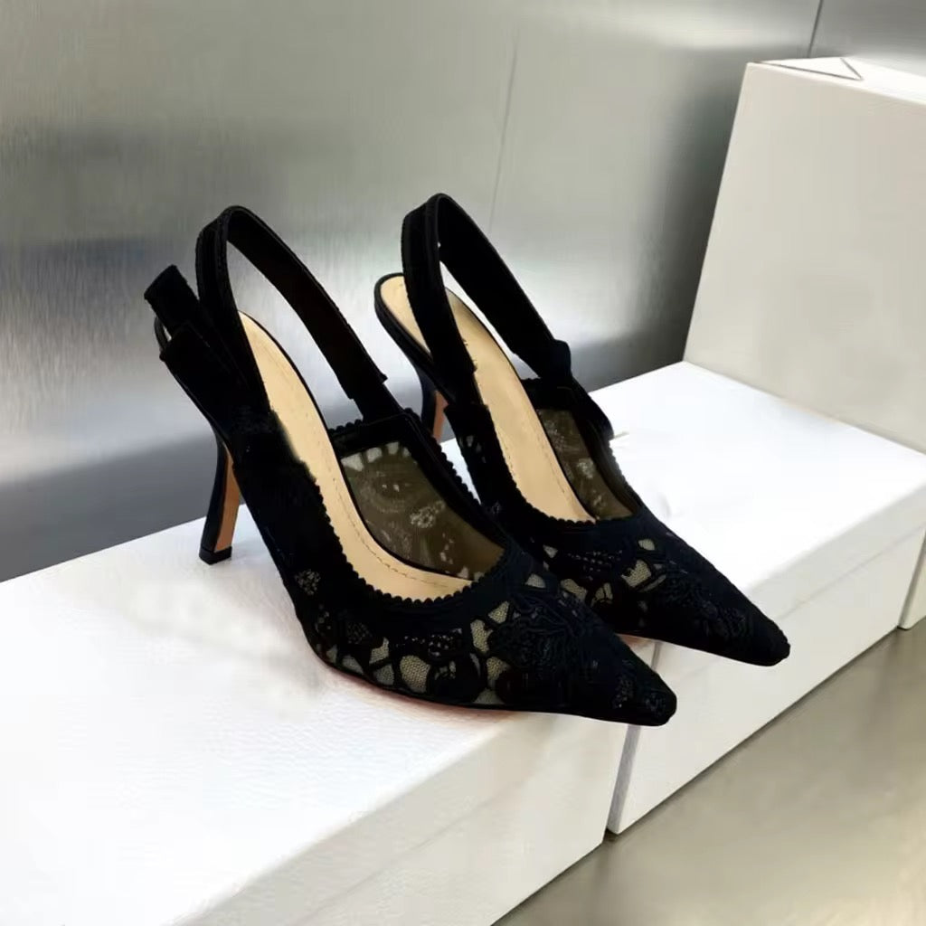 Luxury Pointed-Toe Slingback Heels – Elegant Lace & Patent Leather Designer Shoes
