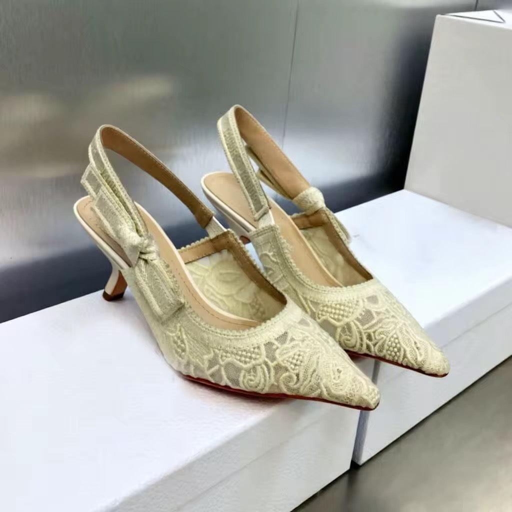Luxury Pointed-Toe Slingback Heels – Elegant Lace & Patent Leather Designer Shoes