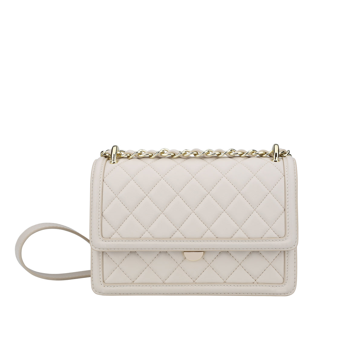 A cream-colored quilted leather shoulder bag with a gold chain strap and a small gold turn-lock clasp, shown against a plain white background.